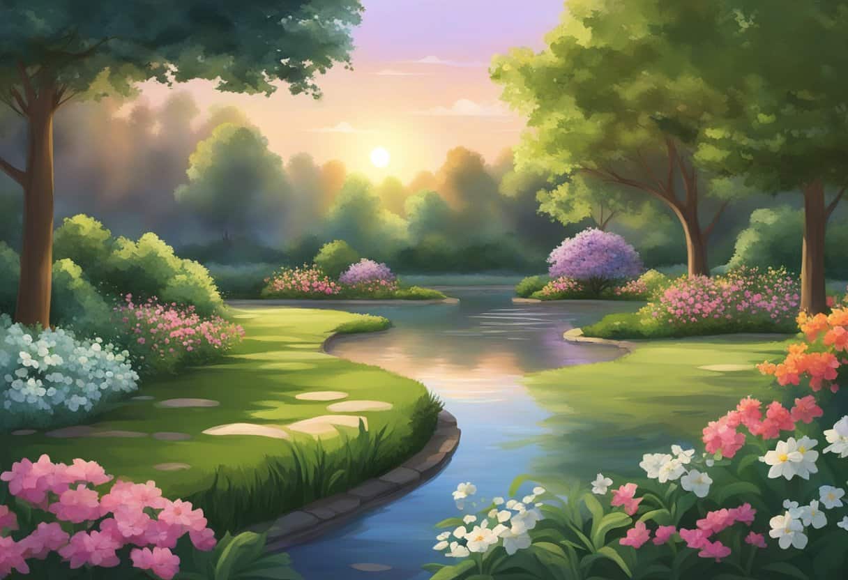 A serene garden with a tranquil pond, surrounded by lush greenery and blooming flowers. A gentle breeze rustles the leaves as the sun sets in the distance