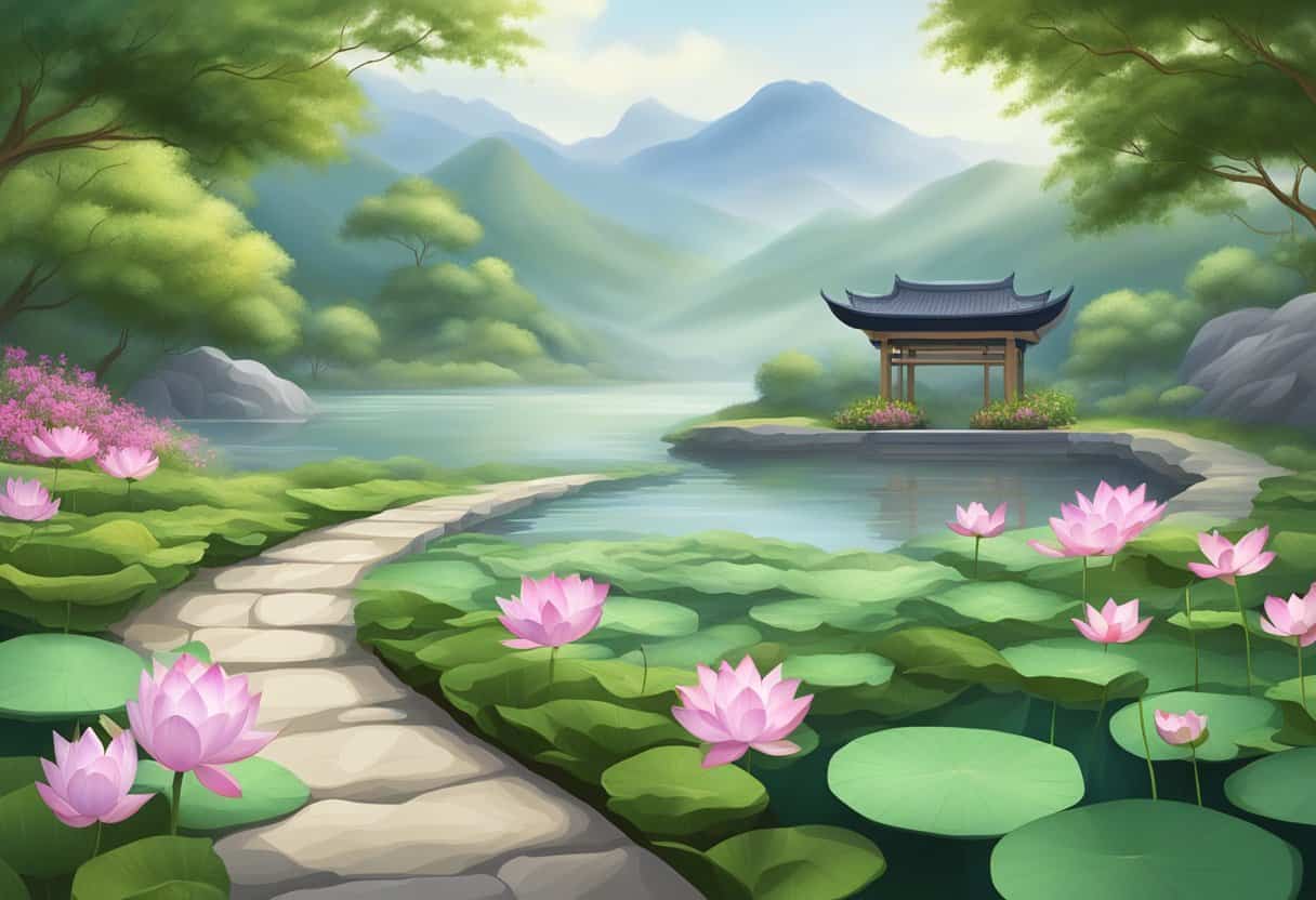 A serene garden with flowing water, blooming lotus flowers, and a tranquil stone path leading to a distant misty mountain
