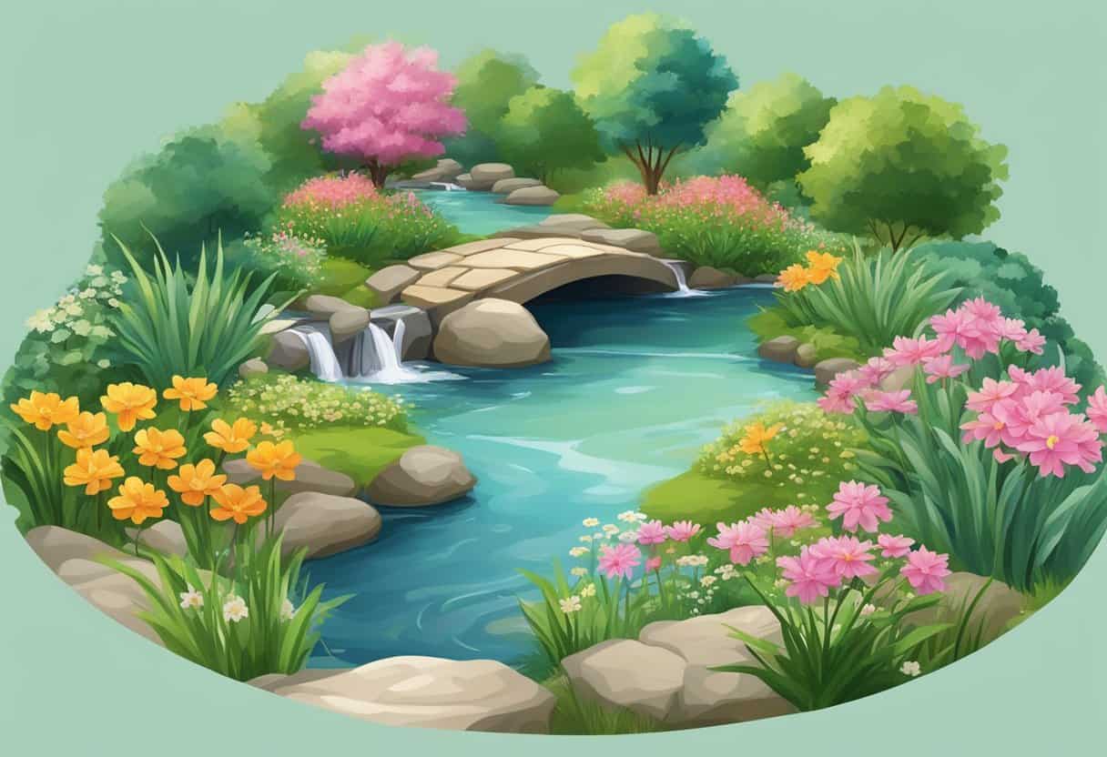 A serene garden with a flowing stream, surrounded by lush greenery and blooming flowers, evoking a sense of tranquility and harmony