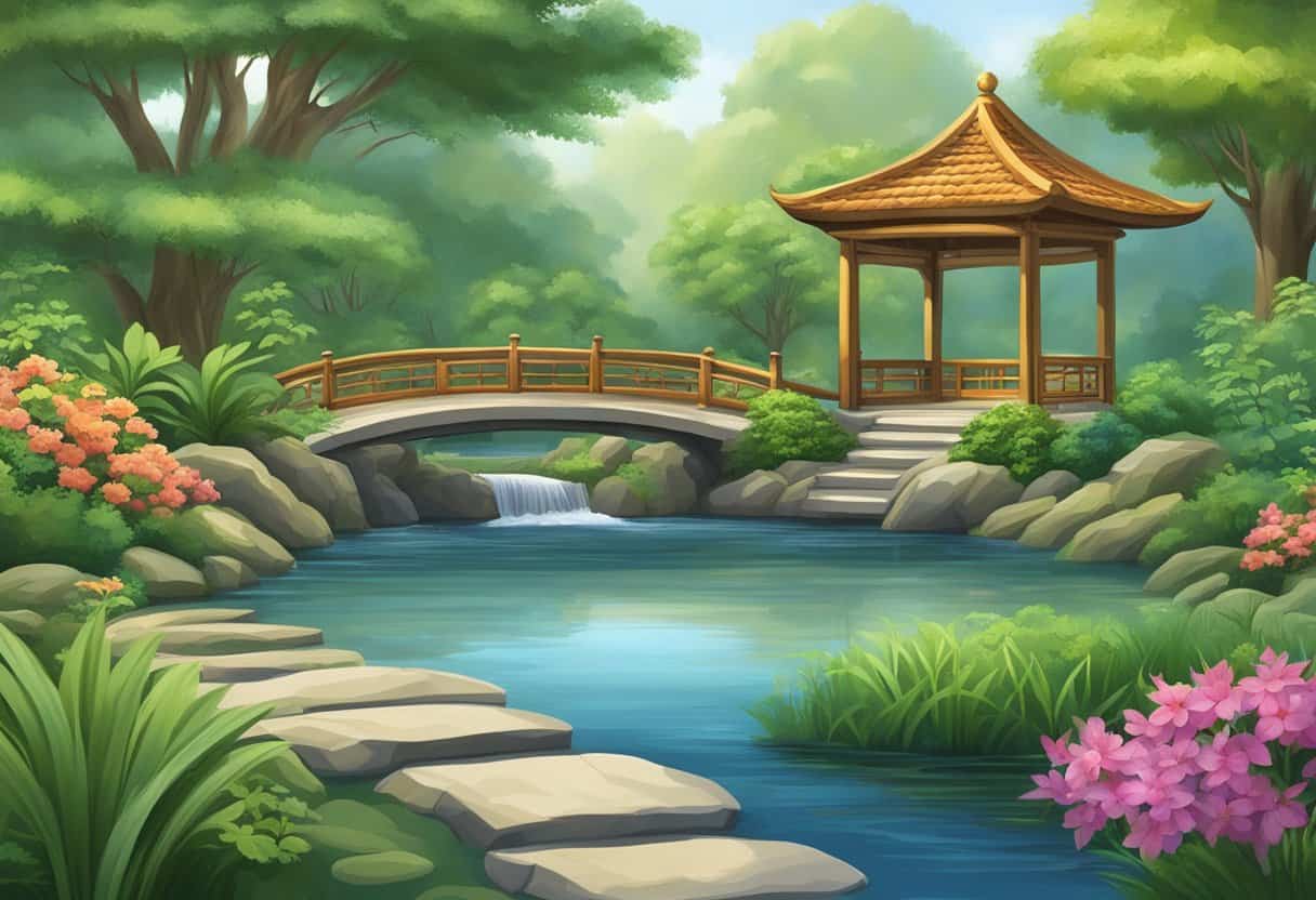 A serene garden with a flowing stream, a tranquil pond, and lush greenery, embodying the essence of the Tao