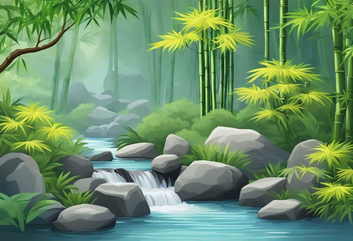 A serene garden with flowing water, rocks, and bamboo, representing the principles and concepts of Tao
