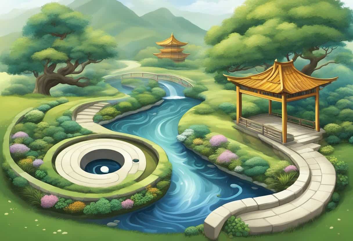 A serene garden with flowing water, a winding path, and balanced yin-yang symbols, representing the origins and principles of the Tao