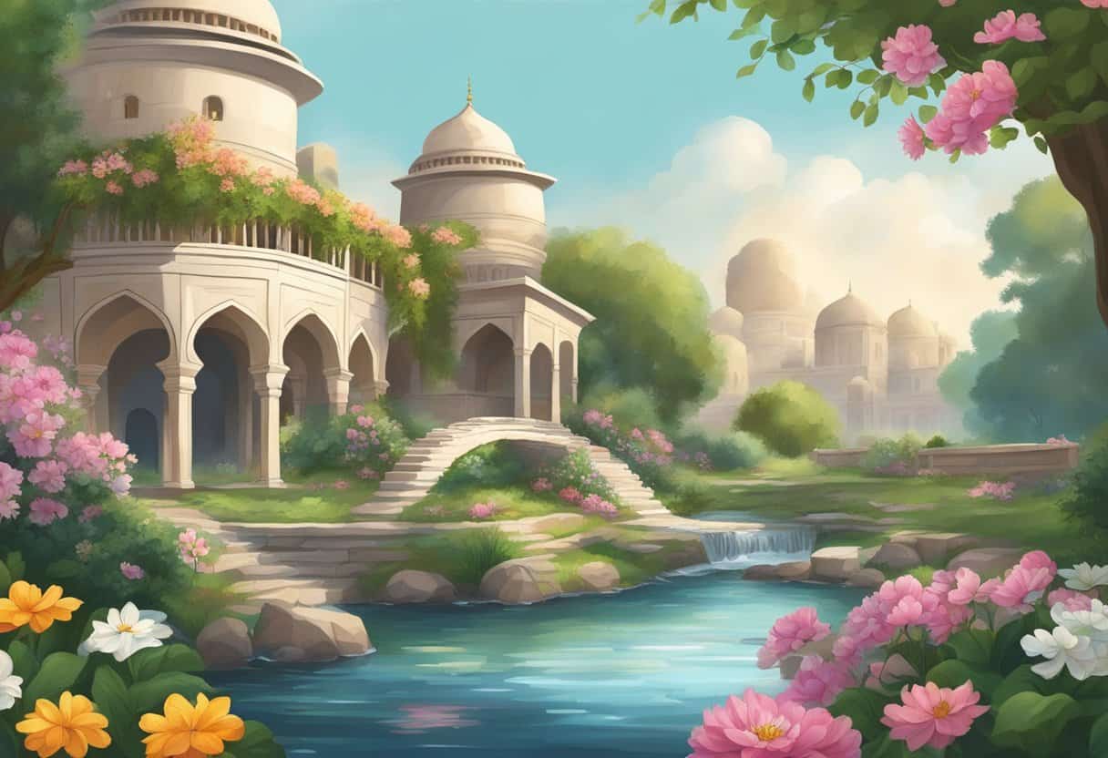 A tranquil garden with a flowing stream, surrounded by ancient architecture and blooming flowers, symbolizing the spiritual origins of Sufism