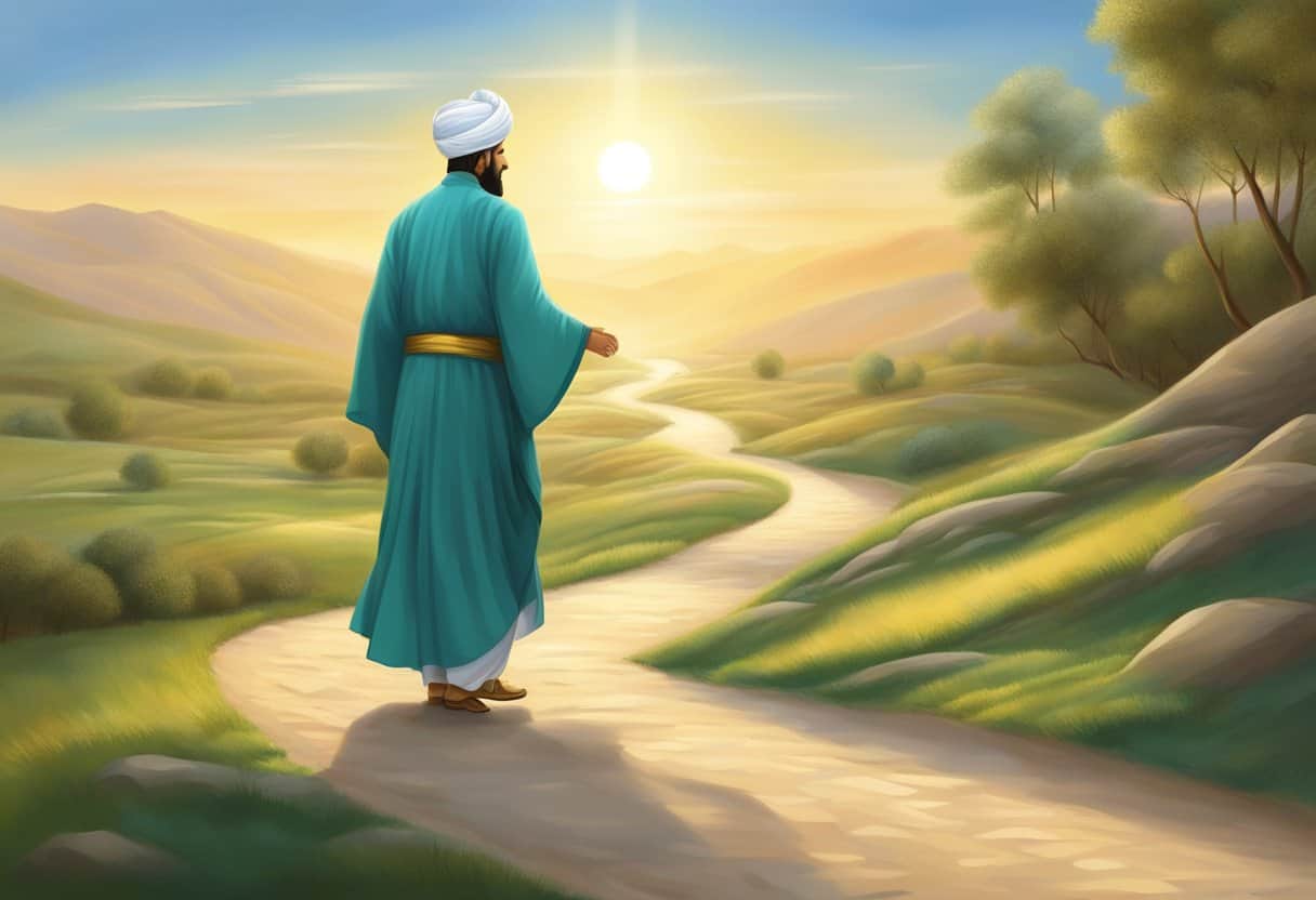 A Sufi path winds through a serene landscape, leading towards a radiant light symbolizing enlightenment