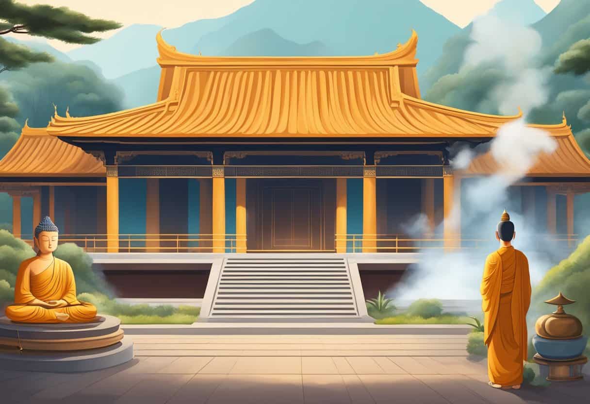 Buddhism being practiced in a serene temple setting with incense and meditating figures