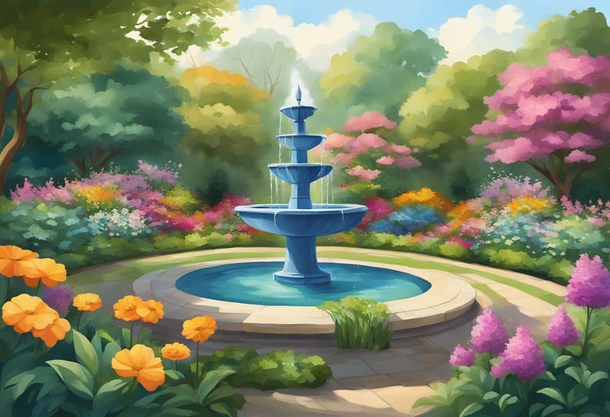 A serene garden with a flowing fountain, surrounded by colorful flowers and lush greenery, capturing the essence of contemporary Sufism
