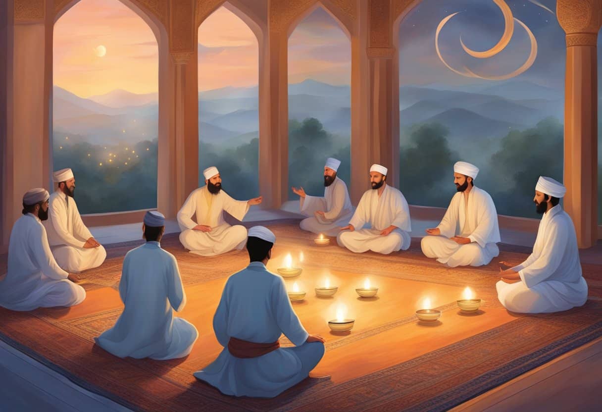 A tranquil Sufi gathering with swirling dervishes and meditative practitioners in a peaceful, candle-lit room