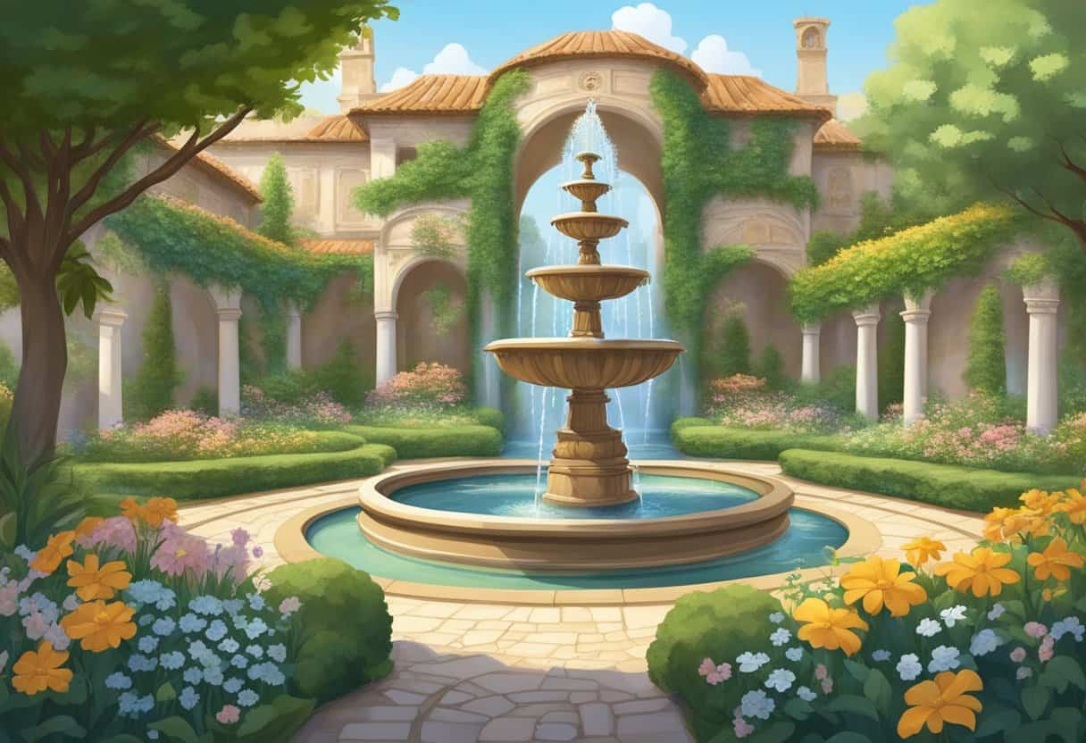 A serene garden with winding paths, blooming flowers, and a tranquil fountain, surrounded by ancient, ornate architecture