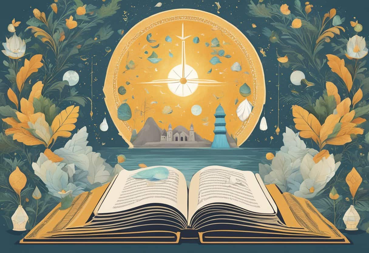A serene setting with a book or website titled "Frequently Asked Questions: Sufism, What Is It?" surrounded by peaceful symbols and imagery
