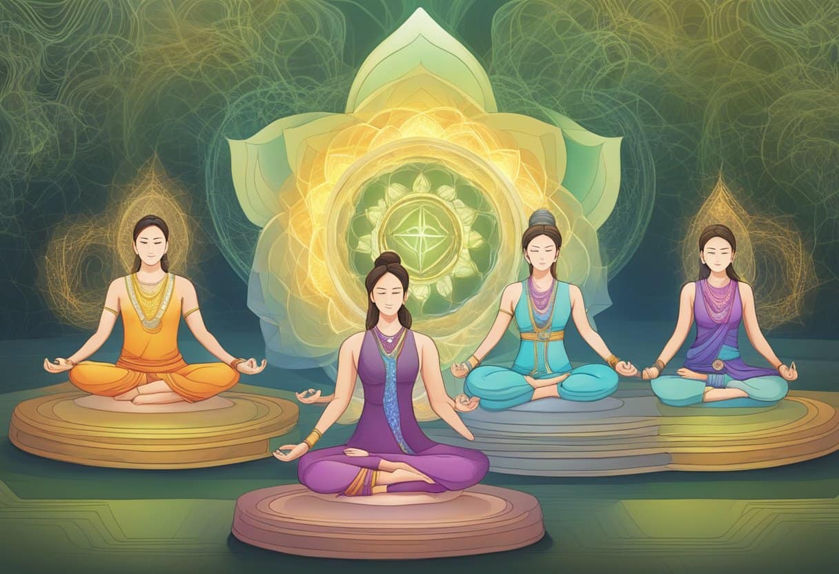 Five koshas, or sheaths, of yoga: physical, energetic, mental, wisdom, and bliss bodies interconnected within a glowing, transparent, and layered structure