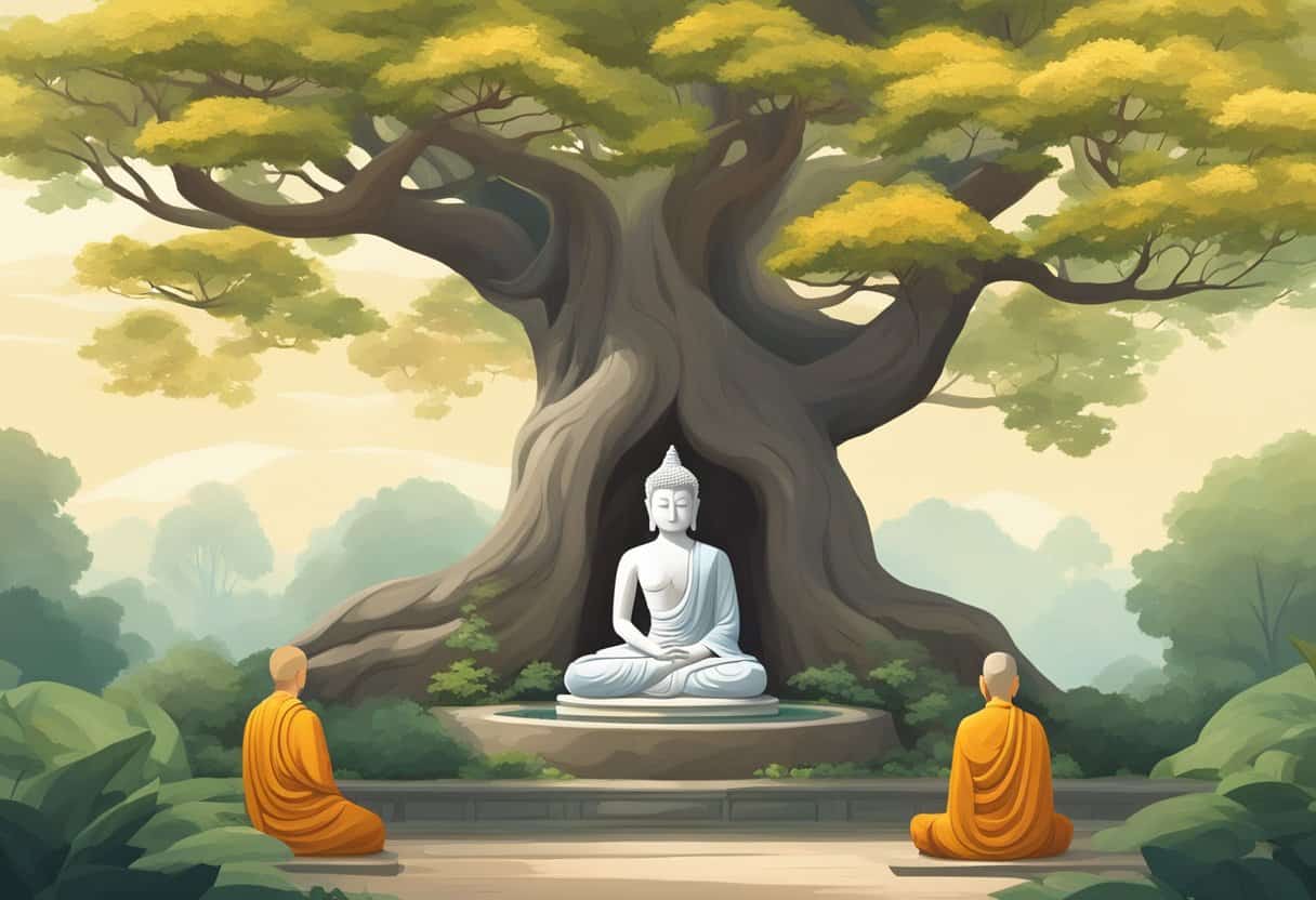 A serene garden with a Bodhi tree, a peaceful Buddha statue, and monks meditating. The scene exudes tranquility and spiritual enlightenment