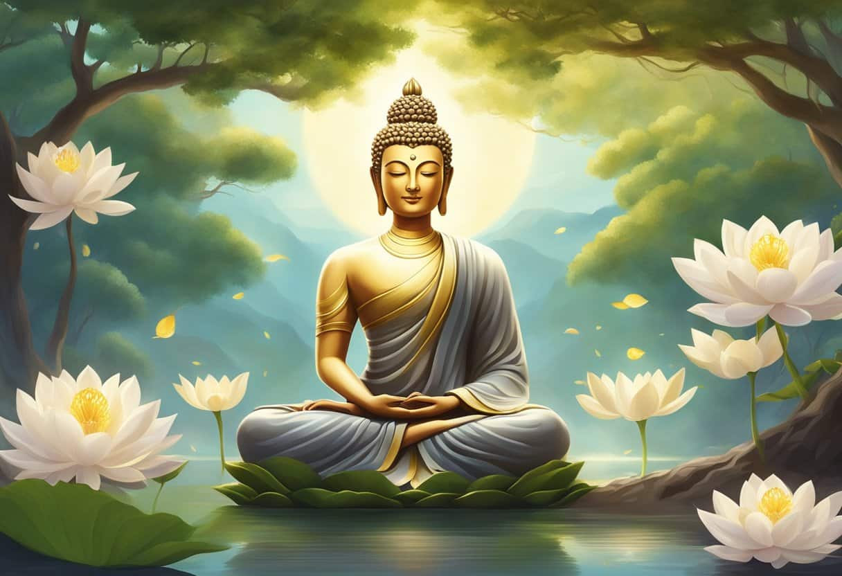 A serene bodhisattva meditates under a Bodhi tree, surrounded by fluttering lotus flowers and gentle rays of sunlight