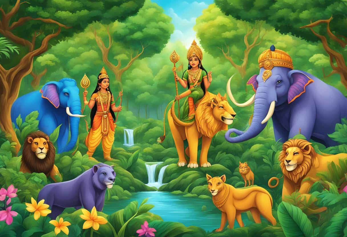 Vibrant Indian mythological creatures in a lush forest setting