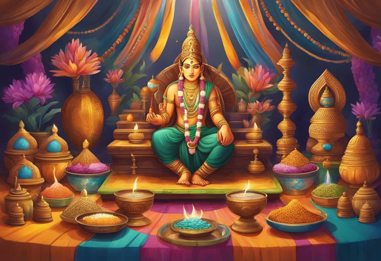 A colorful and vibrant celebration of Indian mythology with offerings, incense, and intricate decorations adorning the sacred space
