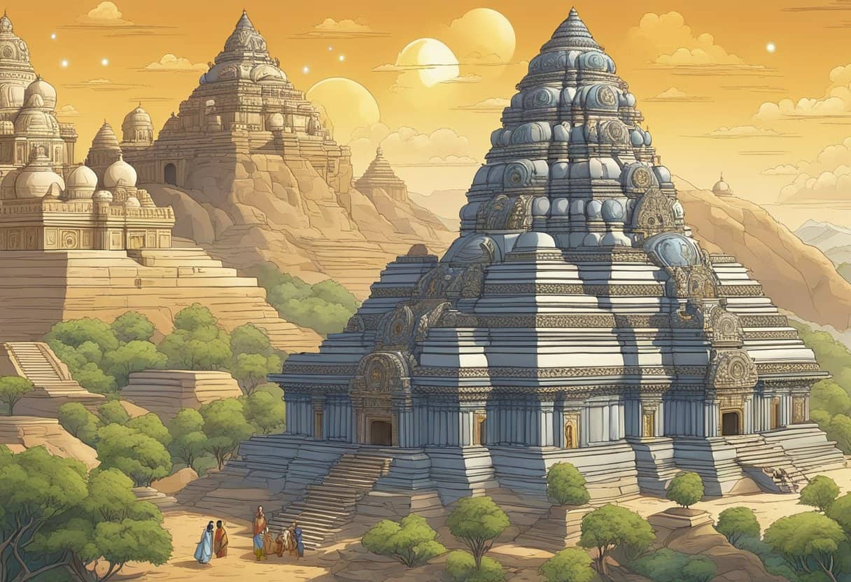 The scene depicts Indian mythological cosmology and divinities