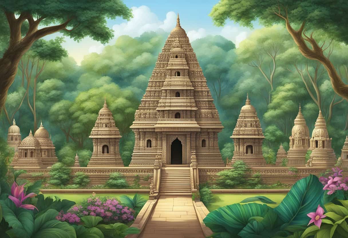 A serene Indian temple surrounded by lush greenery, with intricate carvings and statues depicting various Hindu deities