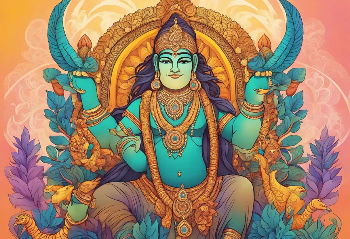 Vibrant colors and intricate patterns depict Indian mythology and cultural influence in a lively and dynamic scene
