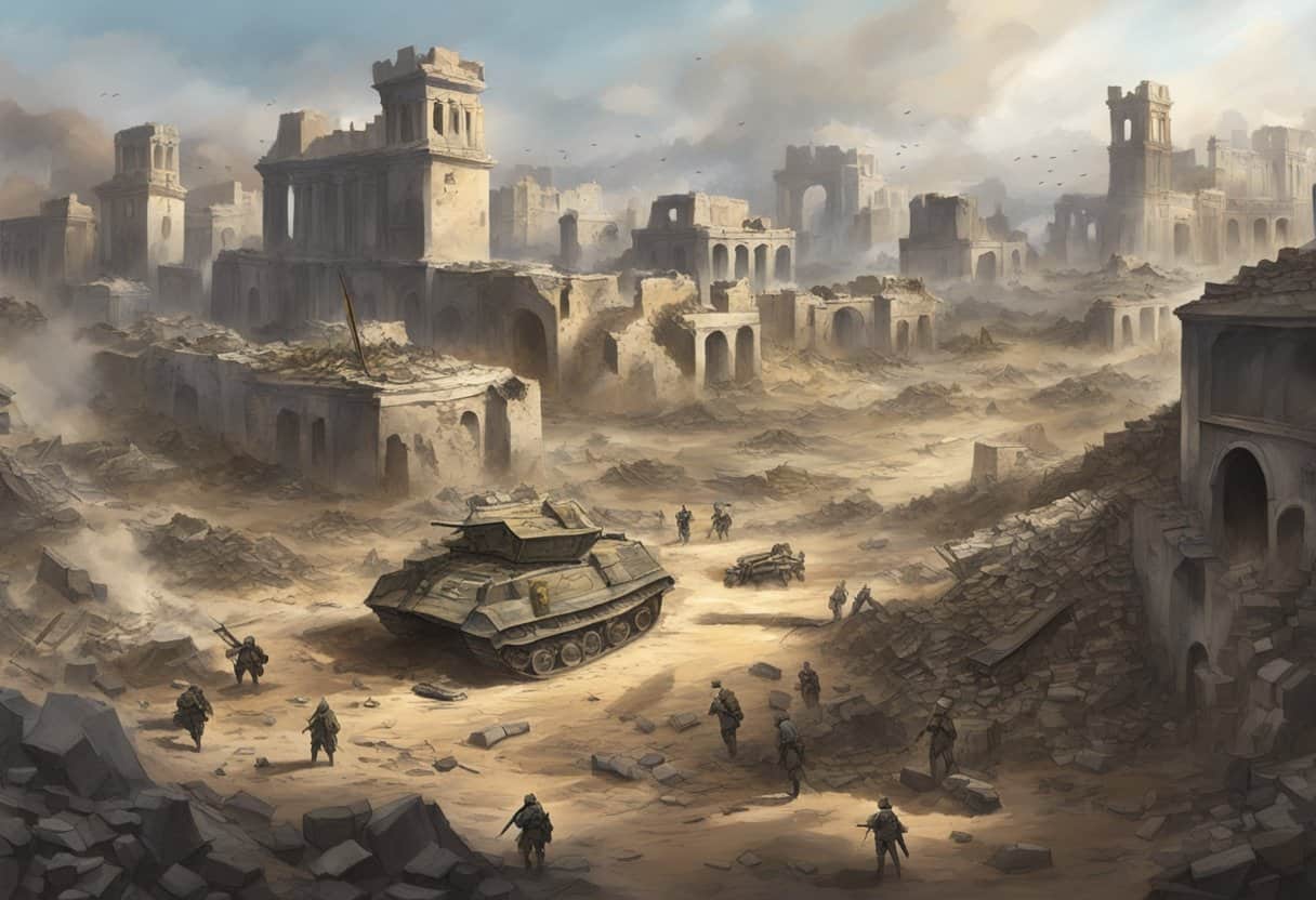 A battlefield with scattered armor and weapons, surrounded by ruins and remnants of a war-torn city, symbolizing the impact and legacy of war
