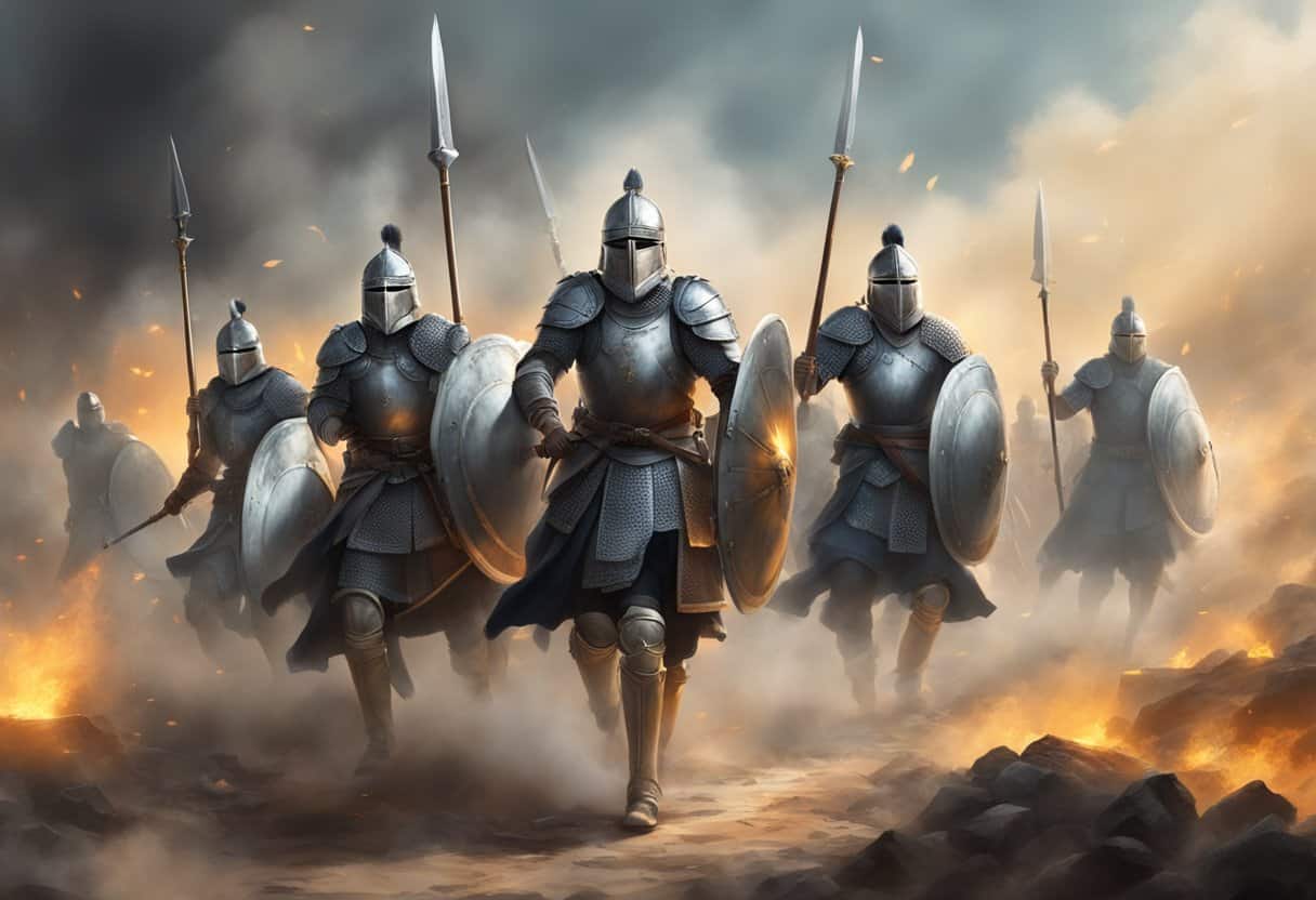 A battlefield with ancient warriors in armor, wielding swords and shields, surrounded by smoke and fire