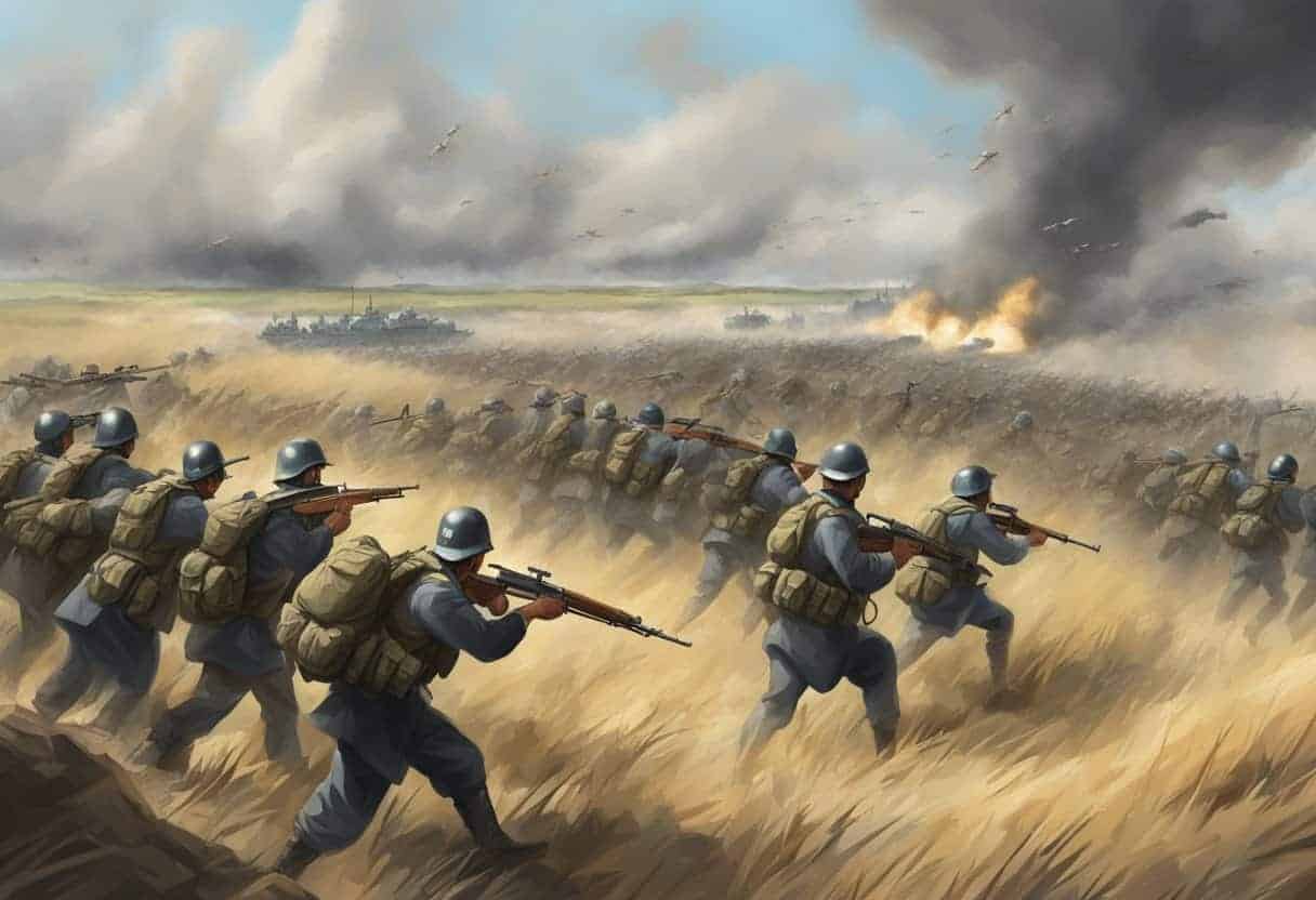 A battlefield with soldiers in formation, weapons raised, and strategic formations. Smoke and dust fill the air as the sun sets on the horizon