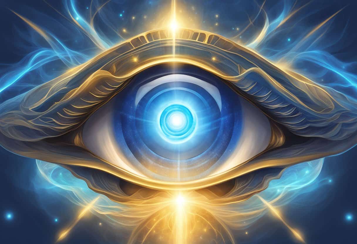 A glowing, indigo lotus flower radiates from the center of the forehead, surrounded by swirling patterns of energy and light