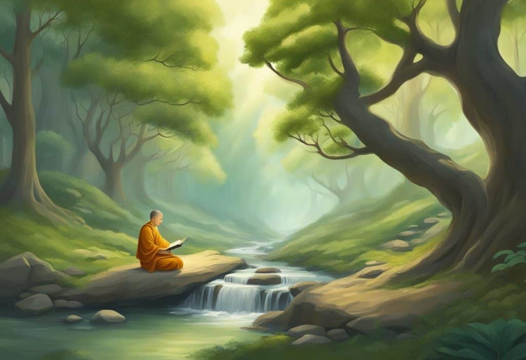 A serene forest with a tranquil stream, a Buddhist monk transcribing ancient scriptures under a Bodhi tree