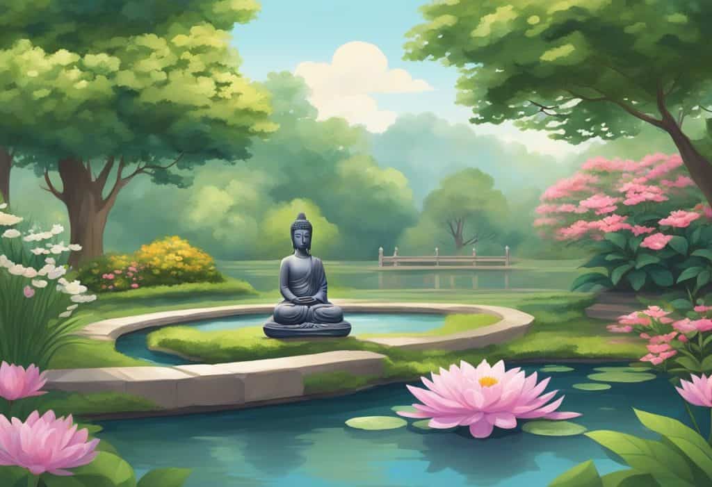 A serene garden with a peaceful pond, surrounded by lush greenery and blooming flowers. A small statue of Buddha sits in the center, emanating a sense of tranquility and mindfulness