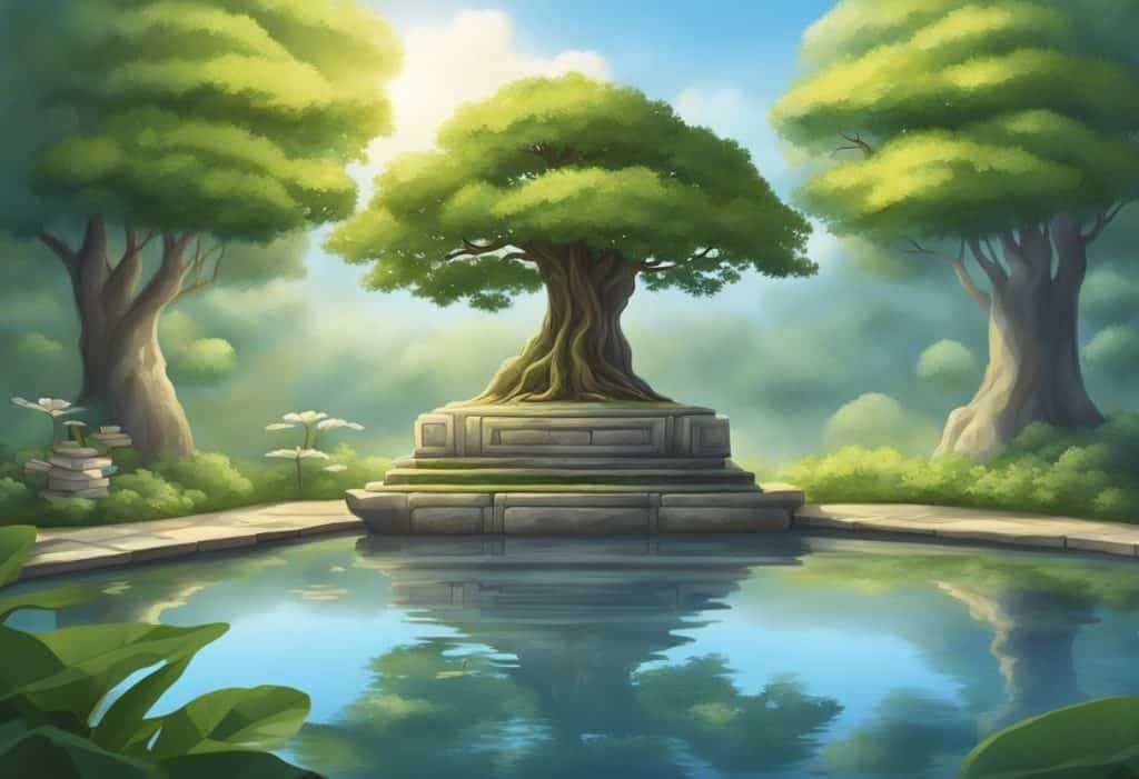 A peaceful garden with a Bodhi tree, a stack of ancient scriptures, and a serene pond reflecting the surrounding nature