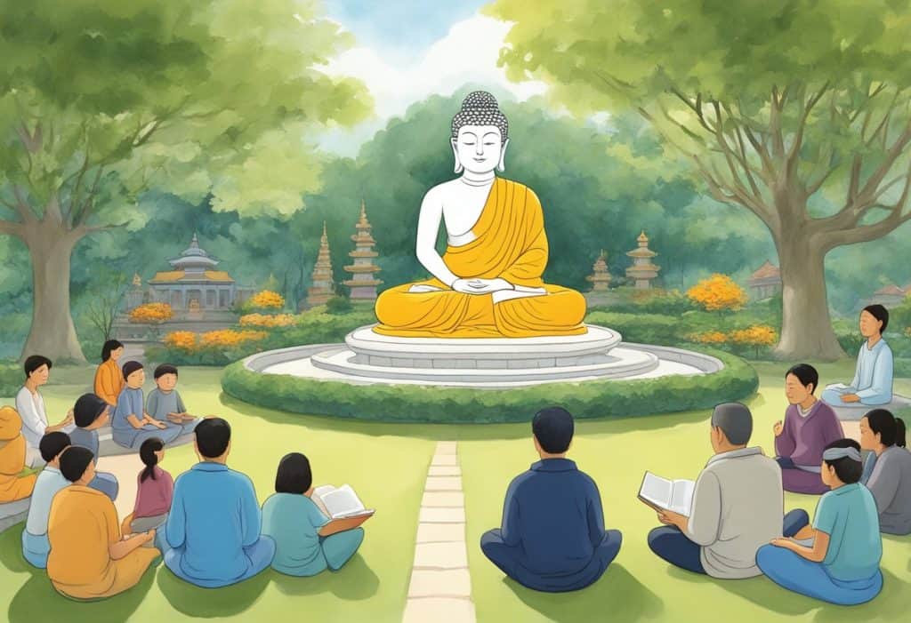 A serene garden with a seated Buddha statue, surrounded by visitors reading a book titled "Frequently Asked Questions Dhammapada."