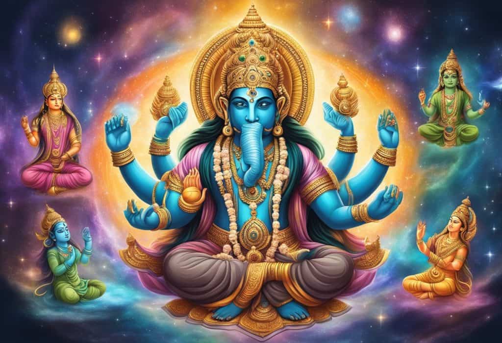 Vibrant Hindu deities amidst swirling cosmic energies