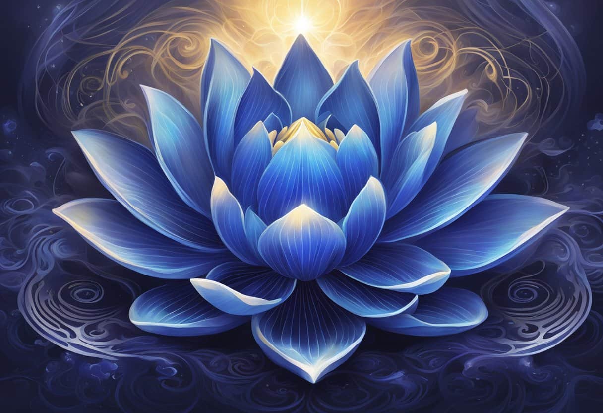 A glowing indigo lotus flower radiates energy from the center of the forehead, surrounded by swirling patterns of light and darkness
