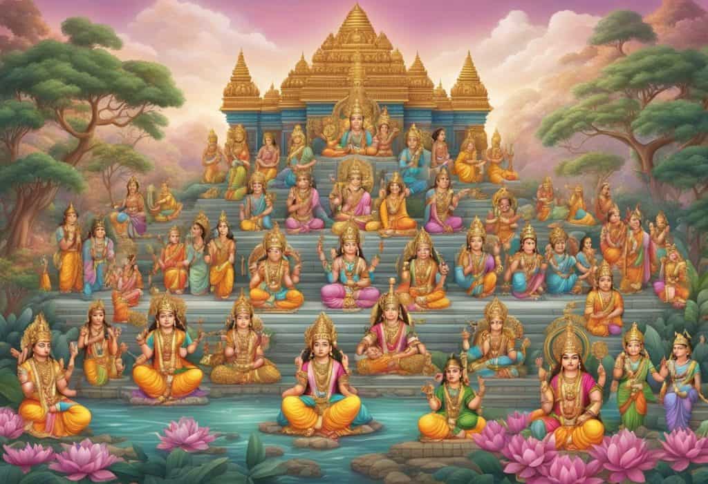 A panoramic view of Hindu deities in a mythological setting