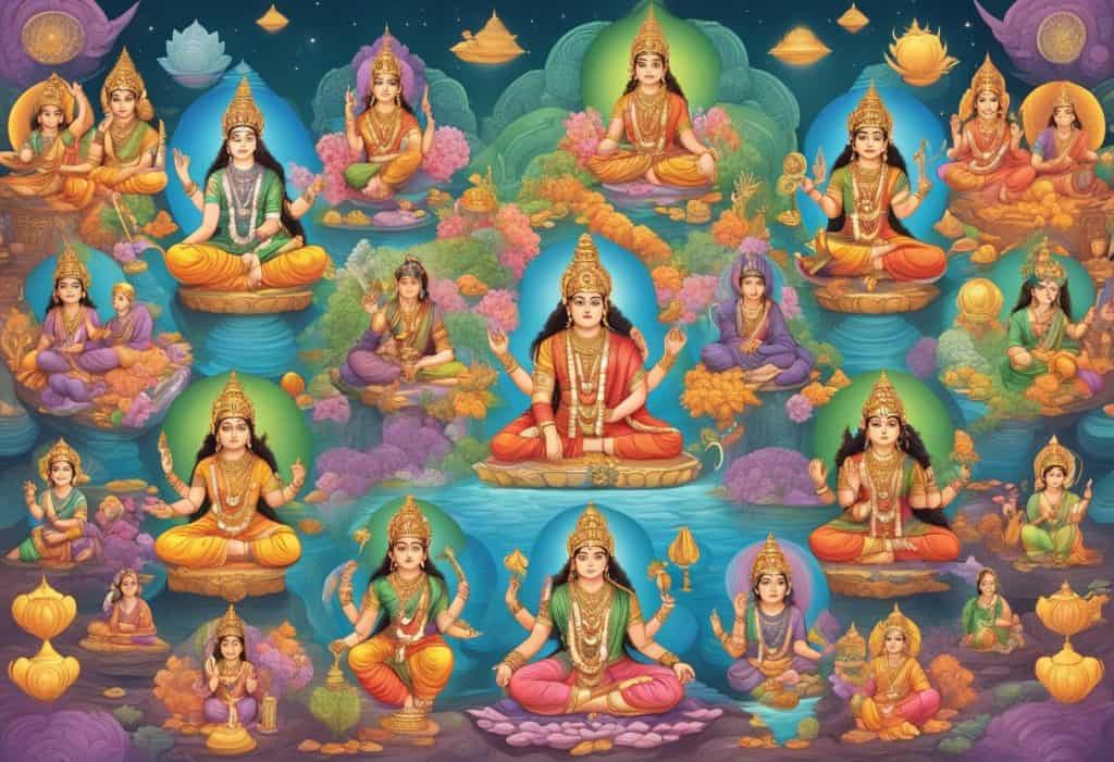 A colorful depiction of Hindu deities surrounded by symbols and texts, representing the frequently asked questions about Hindu mythology