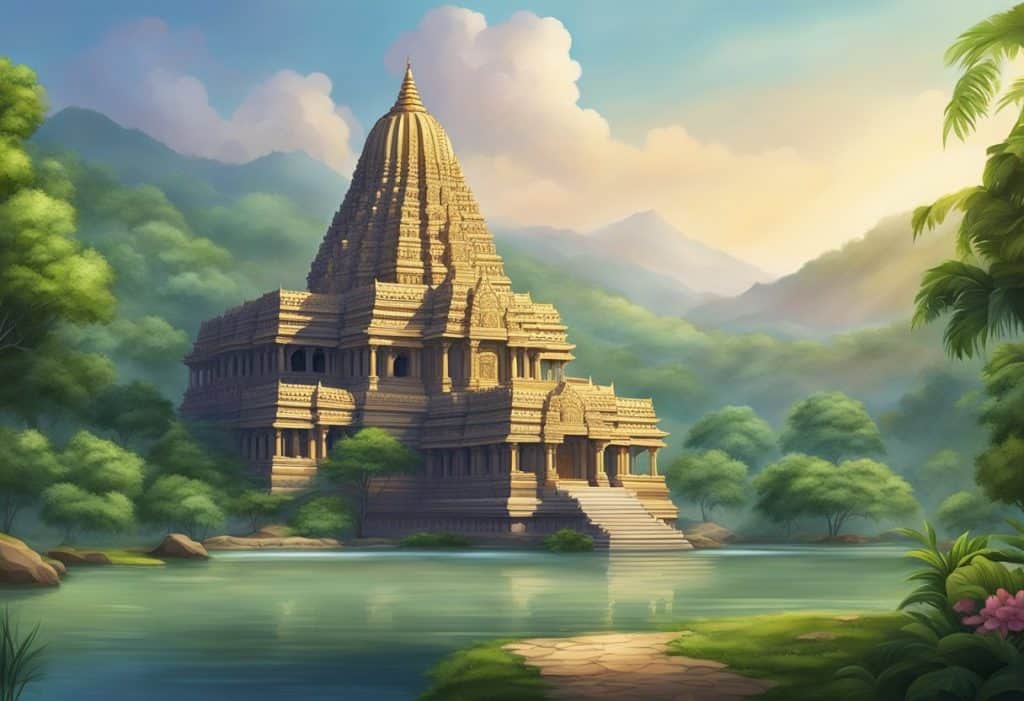 A majestic temple with intricate carvings, surrounded by lush greenery and a serene river flowing nearby, symbolizing the rich mythology and beliefs of Hinduism