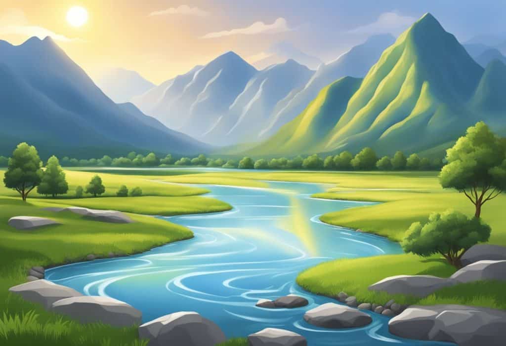 A serene landscape with flowing rivers and tall mountains, depicting the fundamental concepts of Vayus