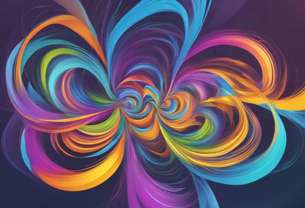 Five swirling vayus in vibrant colors, emanating from a central point and expanding outward in all directions