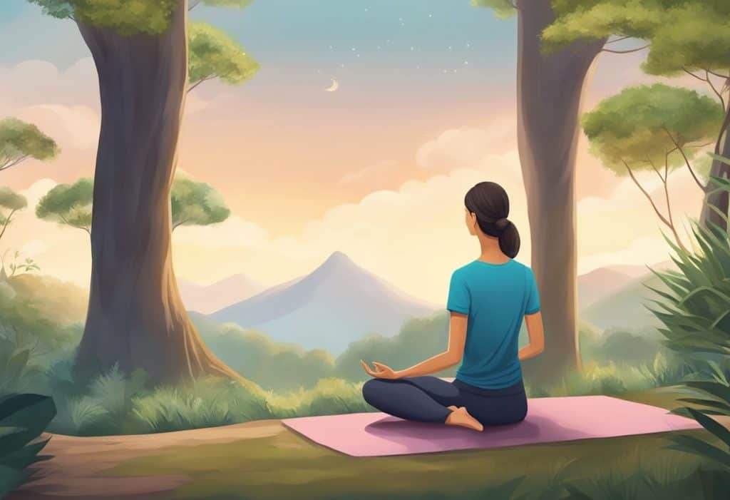 A serene setting with a person practicing Pranayama and Asanas vayus, surrounded by nature and a calm atmosphere