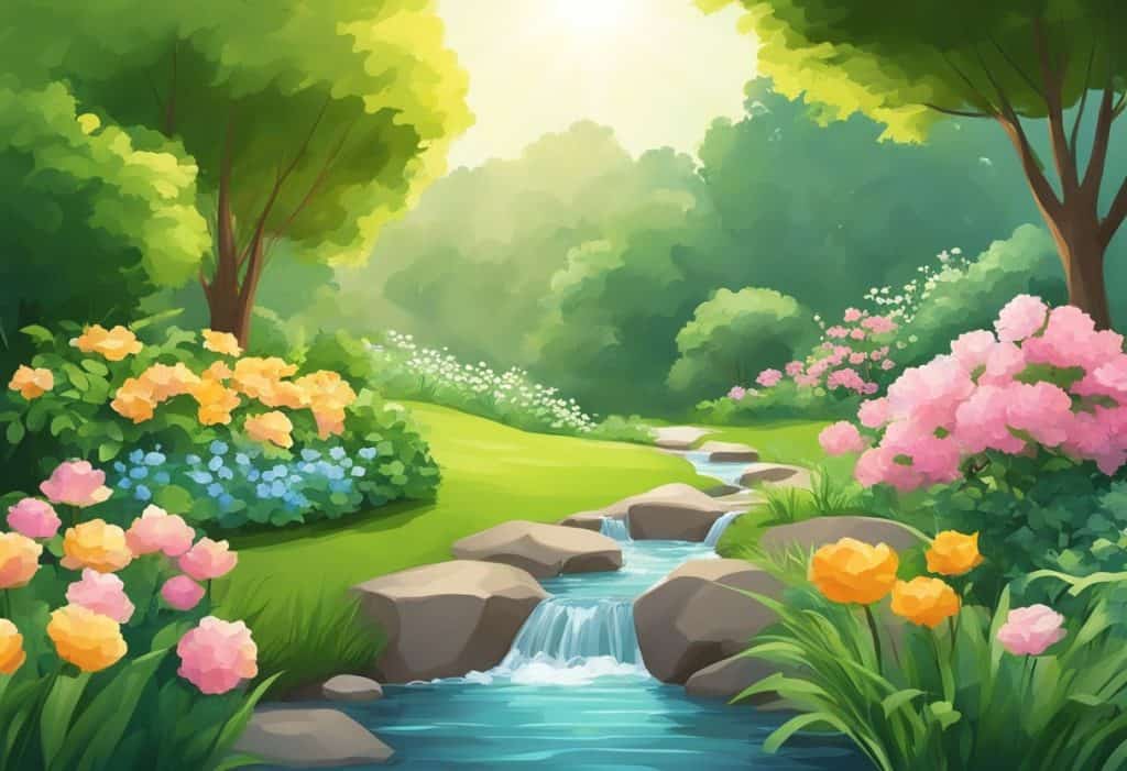 A serene garden with lush greenery, blooming flowers, and a gentle stream. The sun is shining, and there is a sense of tranquility and peace