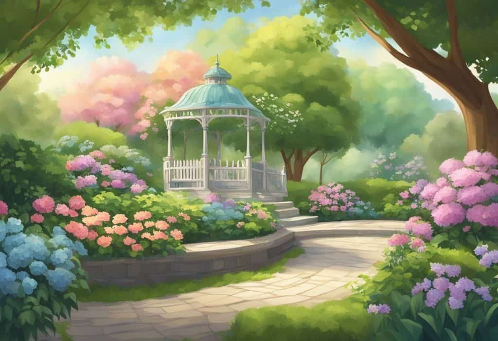 A serene garden with blooming flowers, a gentle breeze, and a peaceful atmosphere