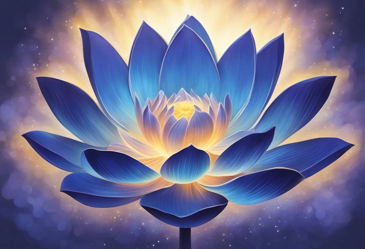 A glowing, indigo-colored lotus flower with six petals, emanating a sense of intuition and inner wisdom