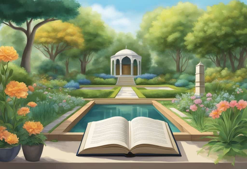 A modern setting with Rumi's poetry books, a peaceful garden, and a serene atmosphere