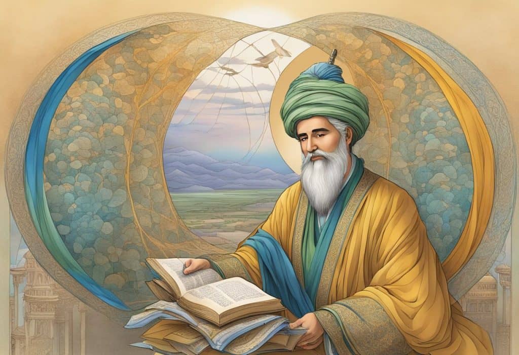Rumi's words flow from his pen, intertwining poetry and theology