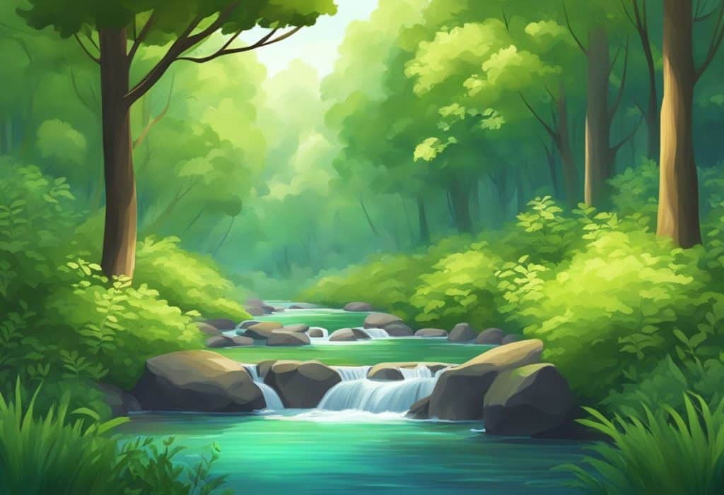 A serene forest clearing with a tranquil stream, lush greenery, and a gentle breeze