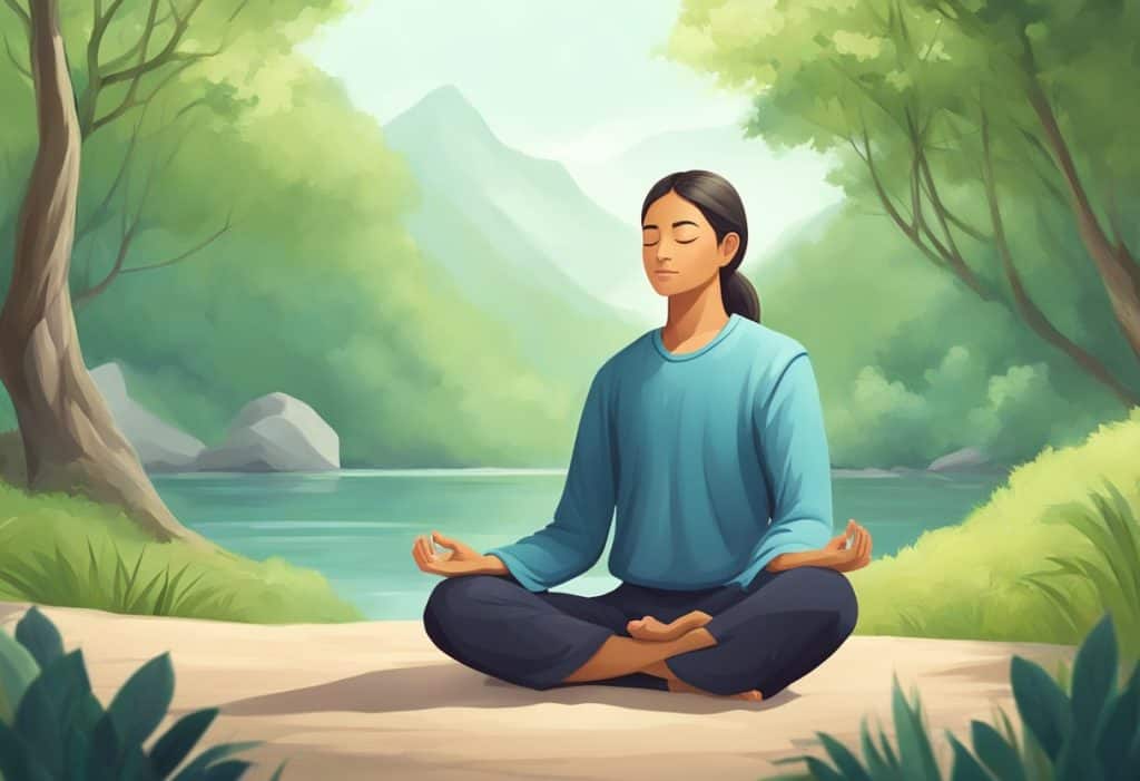 A serene meditator sits cross-legged, eyes closed, with a straight back and relaxed shoulders, surrounded by tranquil nature