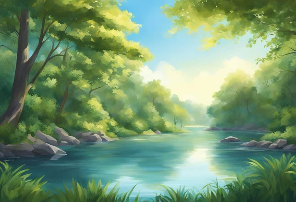 A tranquil setting with a still body of water surrounded by lush greenery, with a clear blue sky and gentle sunlight streaming through the trees