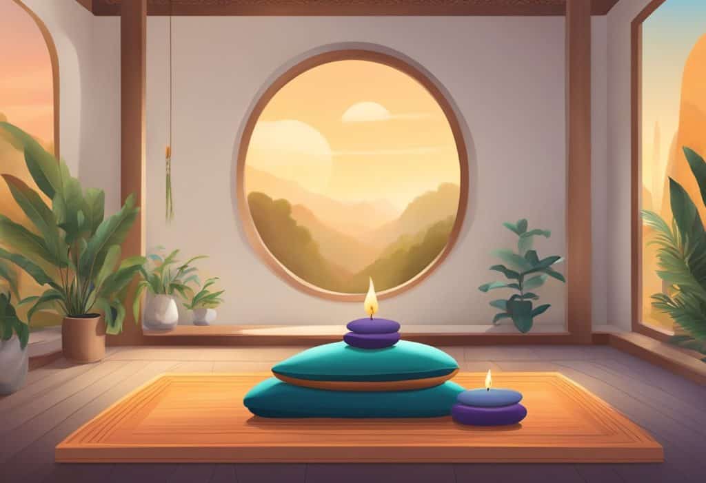 A serene meditation room with cushions and incense, symbolizing the practice of samatha and vipassana meditation
