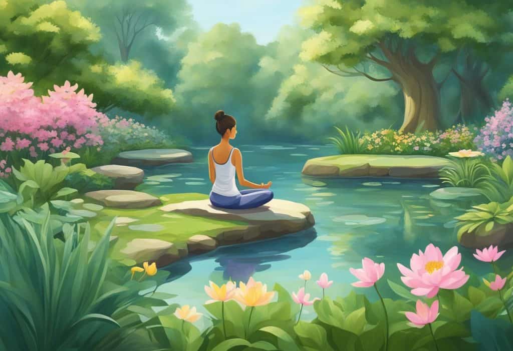 A serene garden with a peaceful pond, surrounded by lush greenery and blooming flowers. A figure sits in meditation, embodying the practice of samatha and vipassana