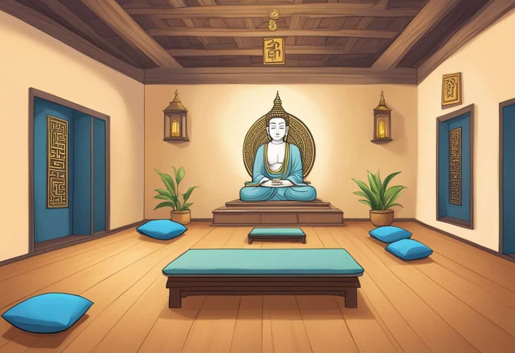 A serene meditation hall with cushions and incense, a sign reading "Frequently Asked Questions: Samatha and Vipassana" on the wall