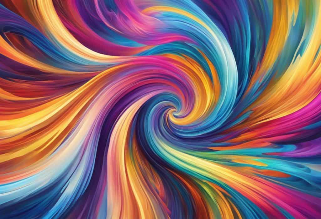 Vibrant colors swirl in a chaotic dance, emanating energy and passion, creating a sense of movement and intensity