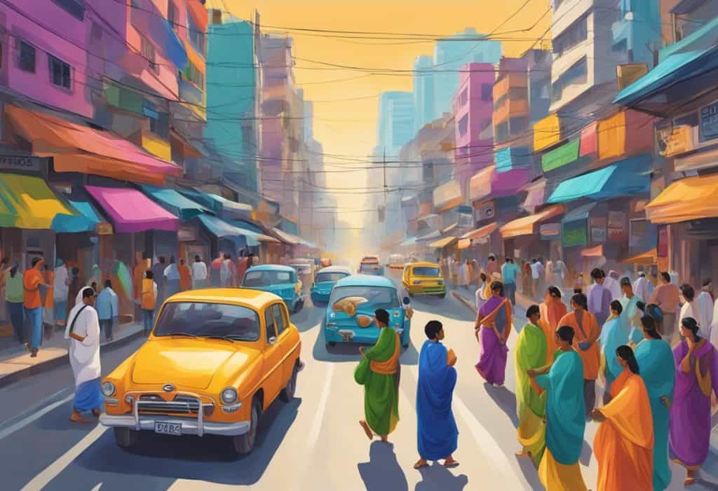 Three Gunas in daily life: Rajastic. A bustling city street with people rushing, cars honking, and vibrant colors